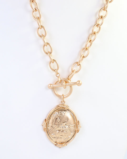 Breanna Oval Medallion Toggle Necklace Worn Gold