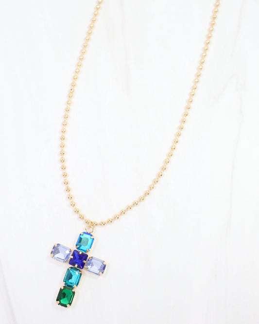 Kadis Crystal Cross Necklace Blue Multi