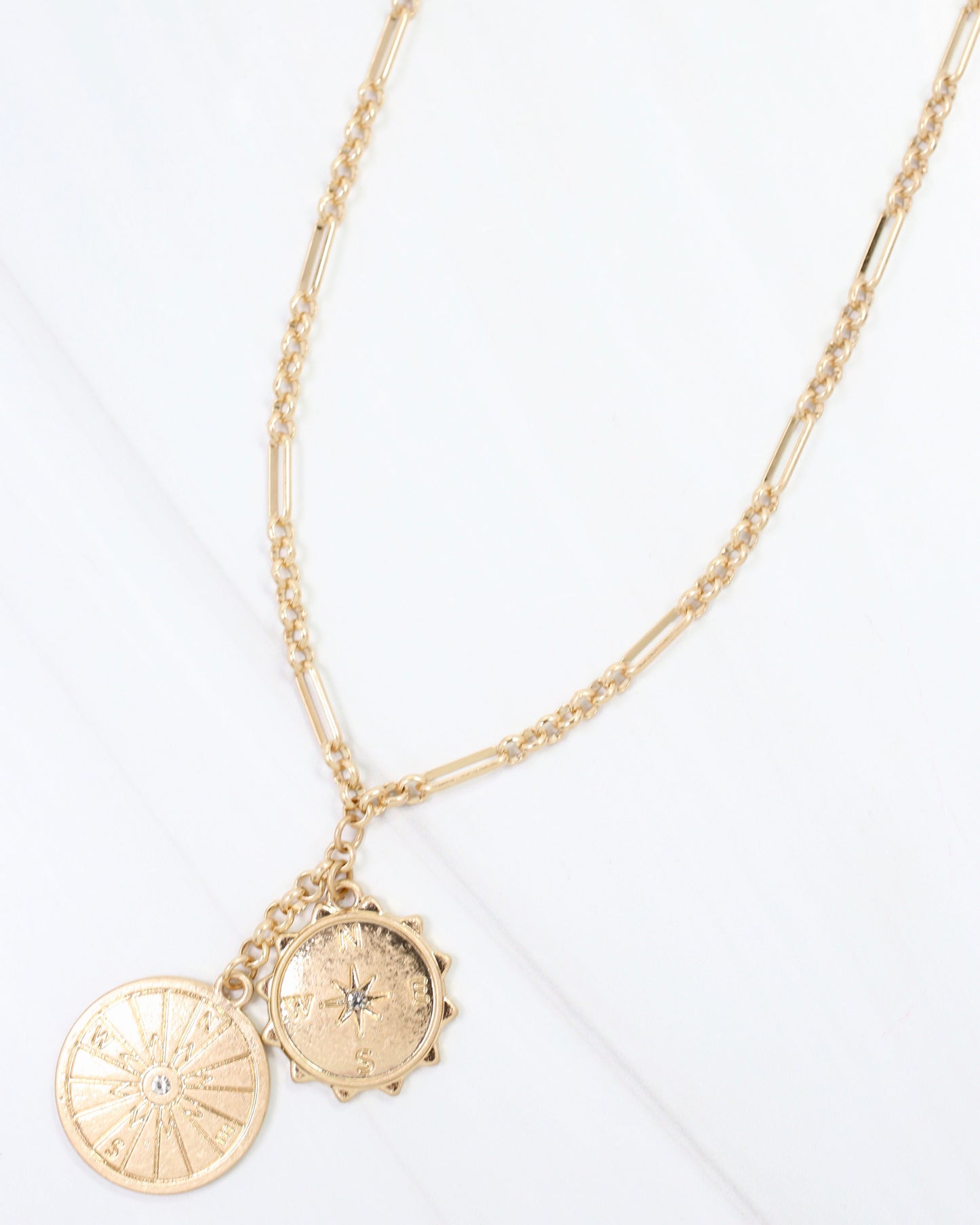 Charles Compass Coin Charm Necklace Worn Gold