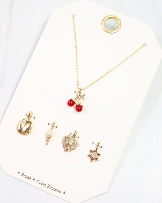 Red Cherry Charm Necklace Set Gold