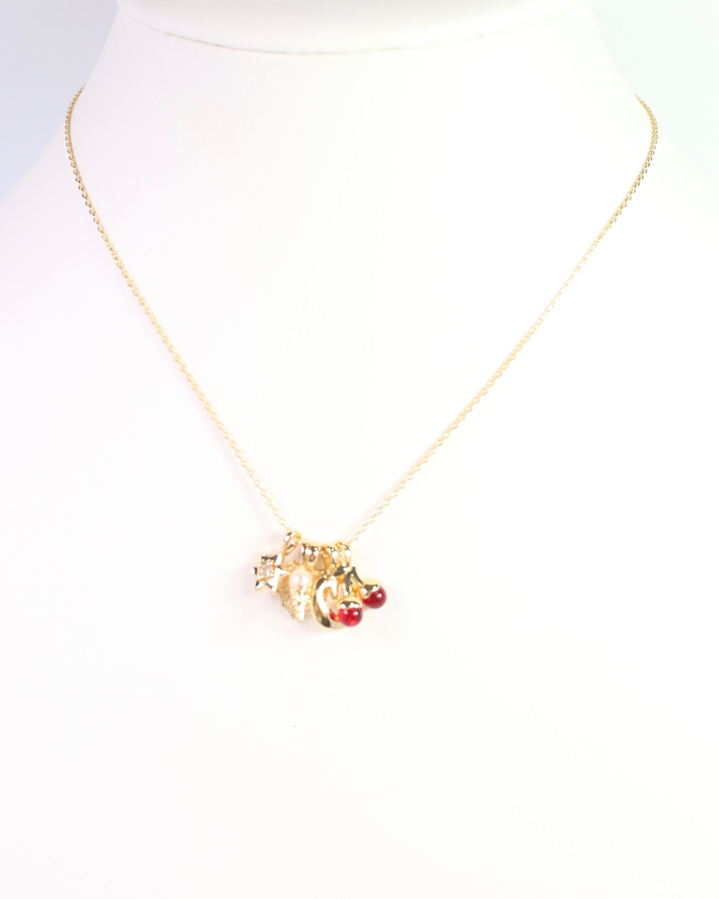 Red Cherry Charm Necklace Set Gold