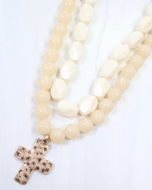 Pedy Cross Layered Beaded Necklace Natural