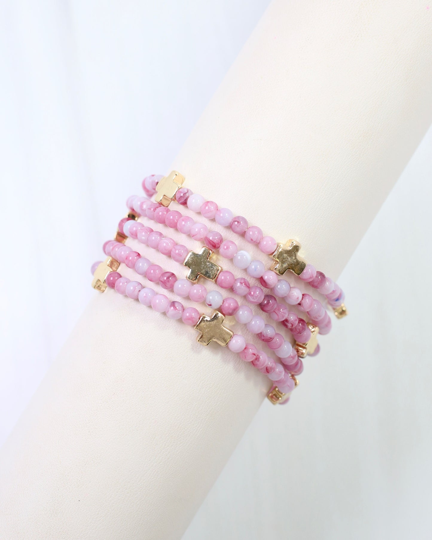 Flint Beaded Cross Stretch Bracelet Set Pink