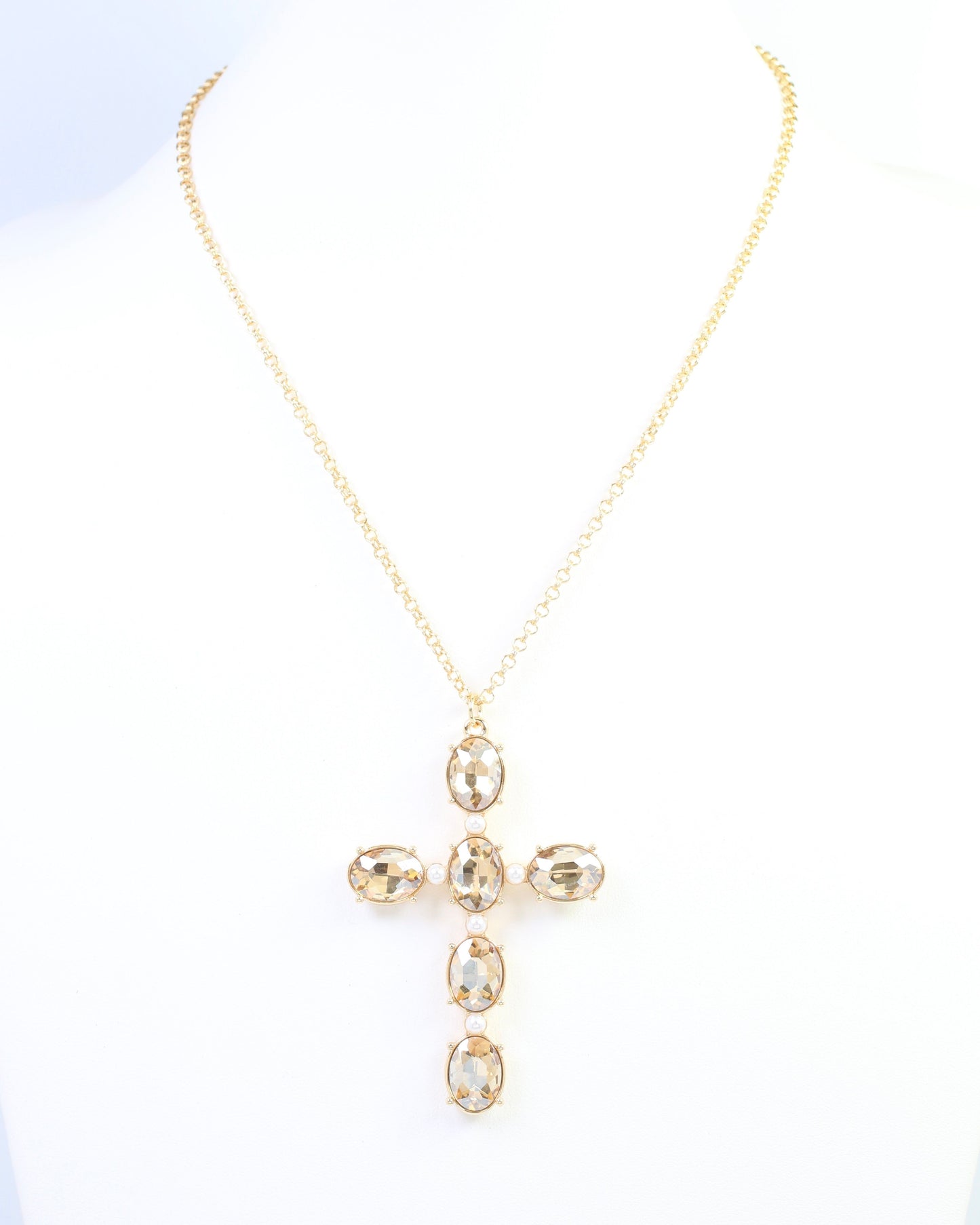 Gregory Glass Stone Cross Necklace Champagne
