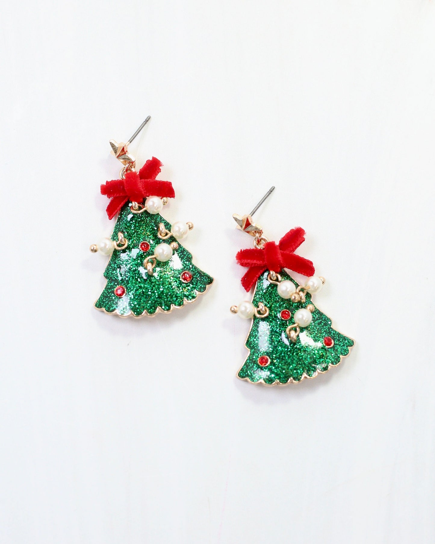 Christmas Tree Earring with Bow and Pearls Green