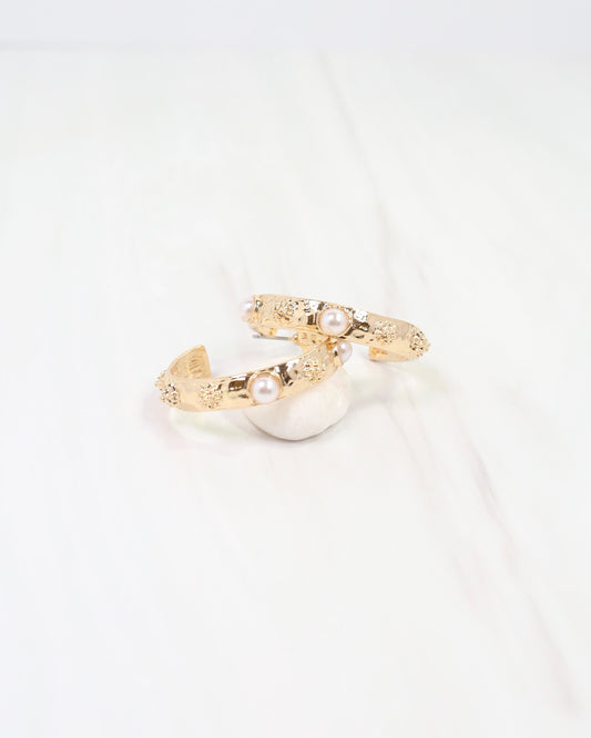 New Bern Flower and Pearl Hoop Earring Gold