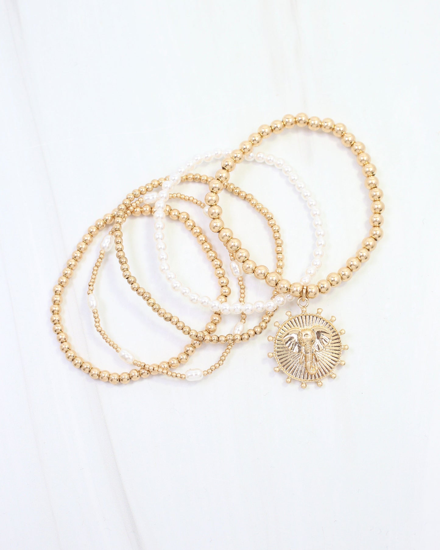 Carmen Coin Beaded Bracelet Set Elephant Worn Gold