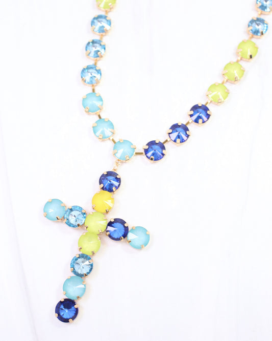 Shalimar Medium Cross Rhinestone Necklace Blue Lime