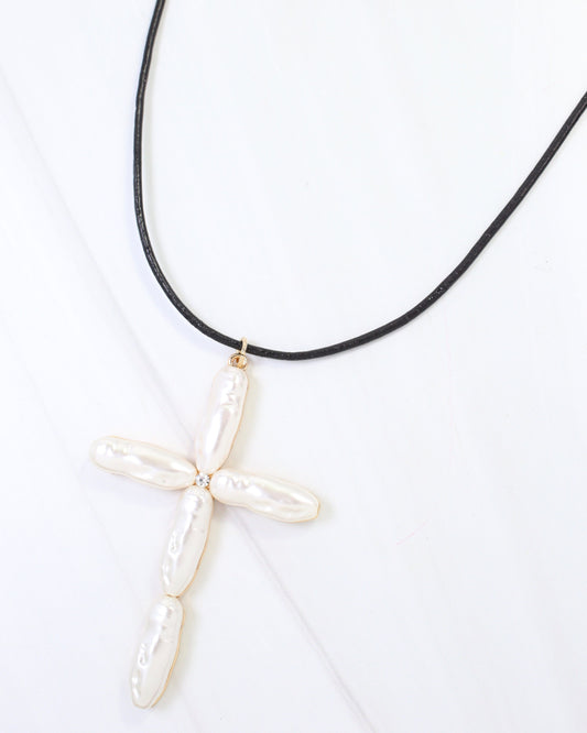 Charlotte Pearl Cross Long Cord Necklace Cream