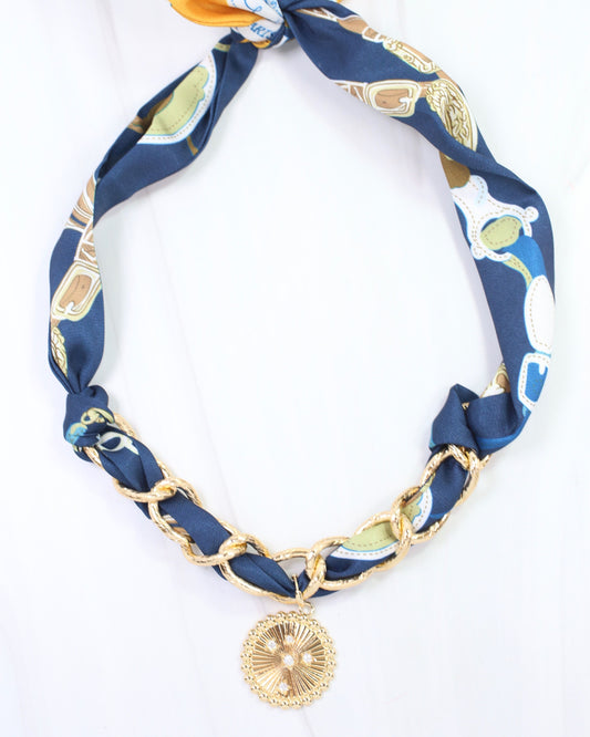 Sarah Scarf Charm Necklace Navy Tan