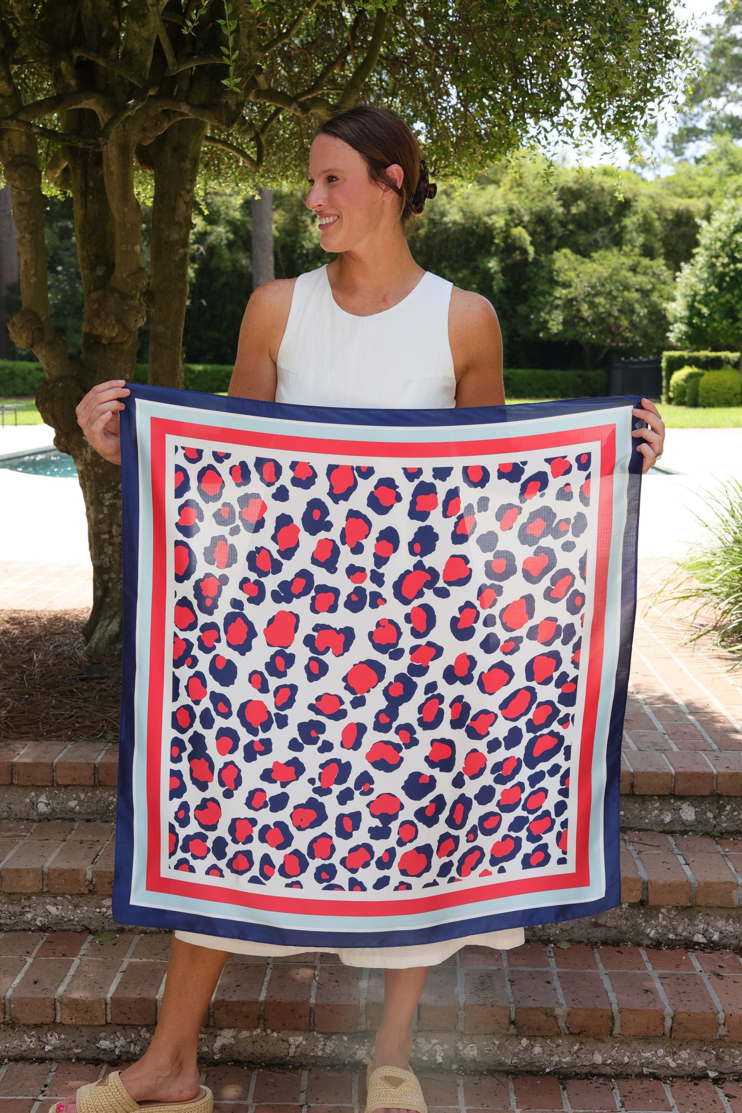 Meredith Spotted Scarf Large Red Navy