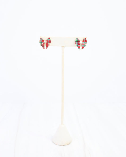 North Pole Plaid Bow Stud Earring Red Green