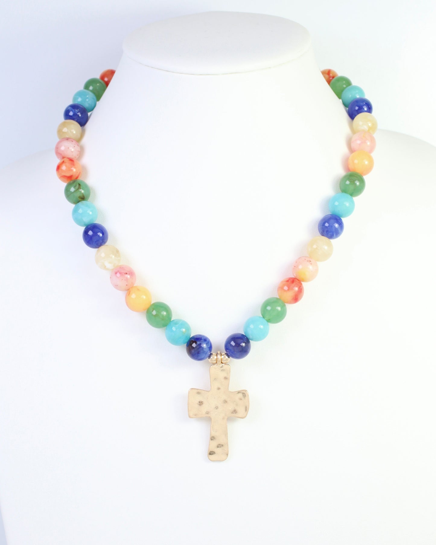 Kathryn Hammered Cross Beaded Necklace Multi