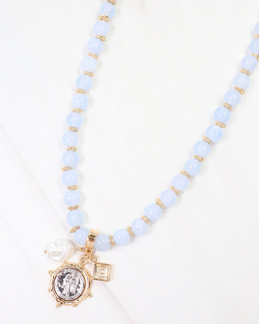 Trento Beaded Coin Charm Necklace Light Blue