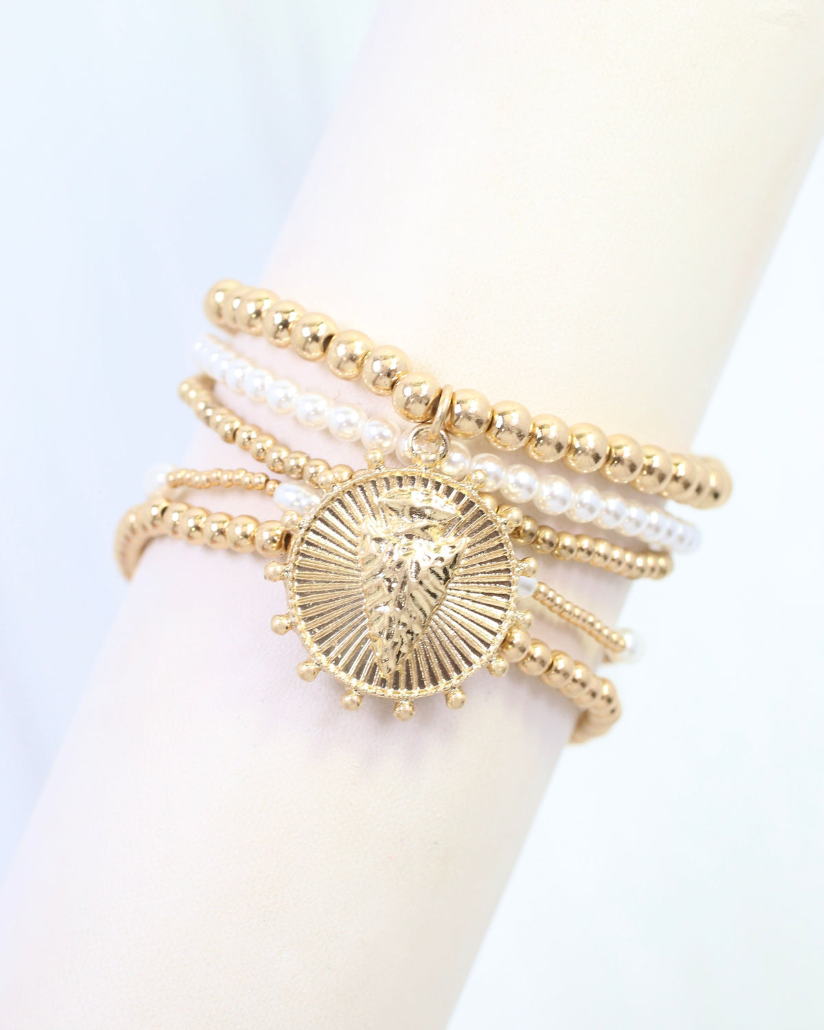 Carmen Coin Beaded Bracelet Set Arrow Worn Gold