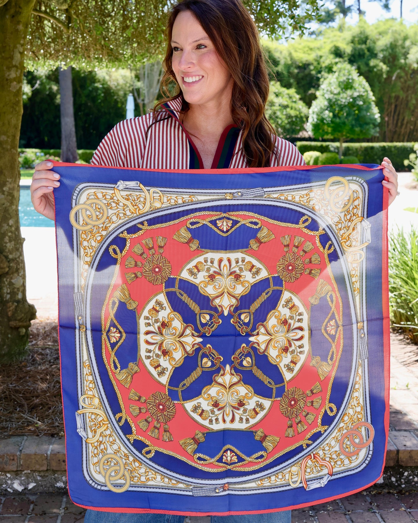 Trellis Tassel Scarf Red Navy