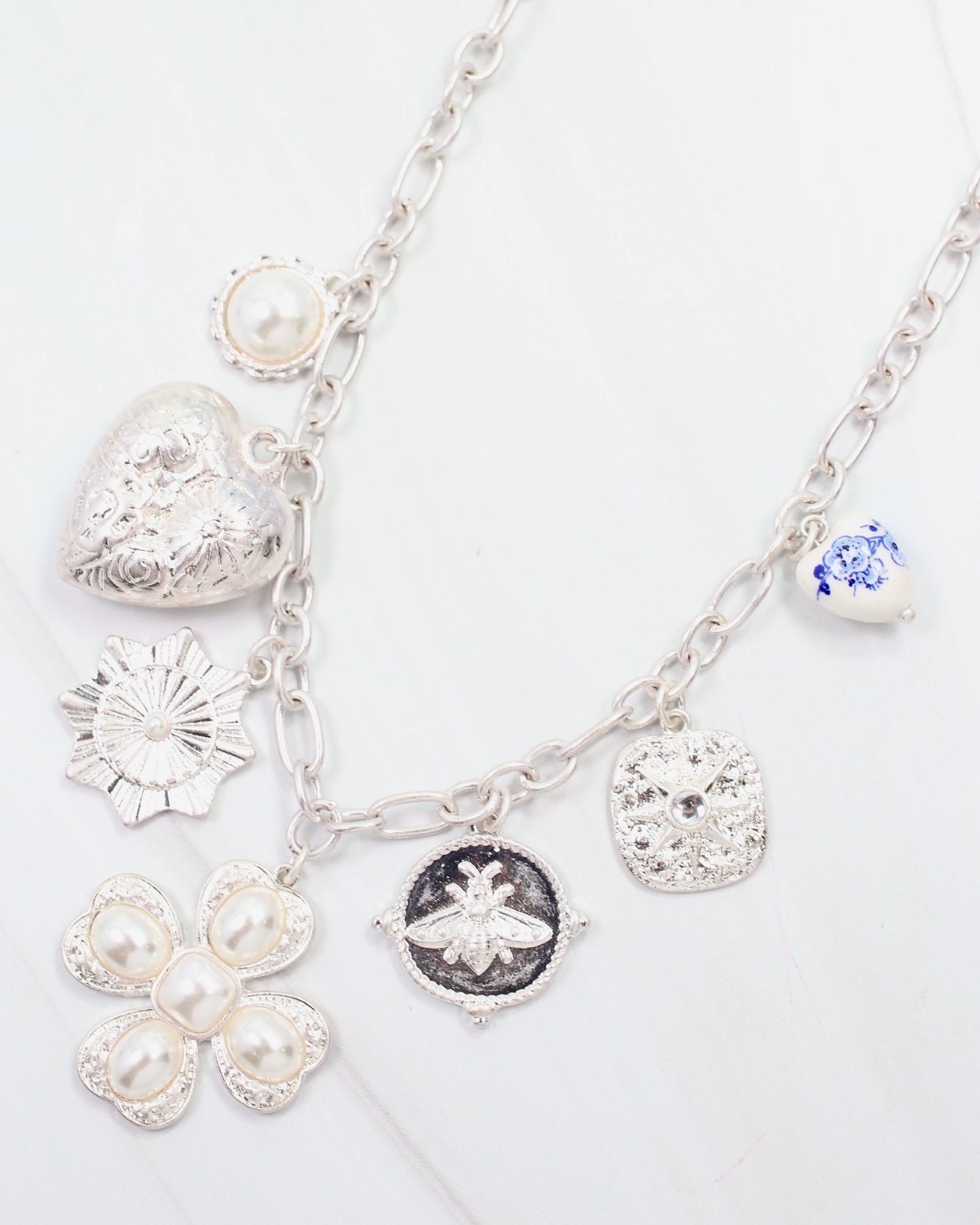 Verona Pearl  Charm Necklace Worn Silver