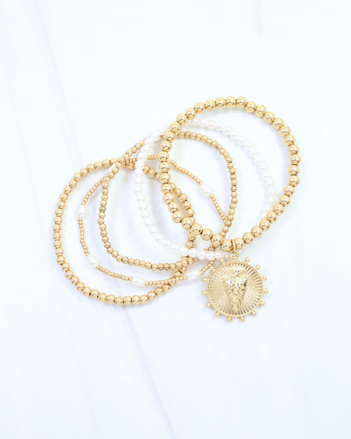 Carmen Coin Beaded Bracelet Set Arrow Worn Gold